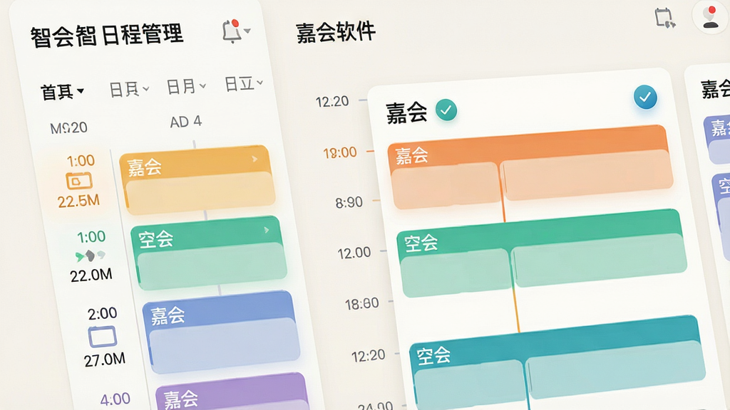 主体:嘉会软件“智能日程管理”功能界面特写。布局:左侧为日期列表,右侧显示详细日程卡片,背景为柔和的灰白色。排版:信息层级分明,时间轴采用不同颜色区分忙碌与空闲时段。风格:商务简约,线条流畅。细节:日程卡片上显示“嘉会”字样,并带有勾选完成动画效果。画质:高清渲染,细节丰富,无多余元素。