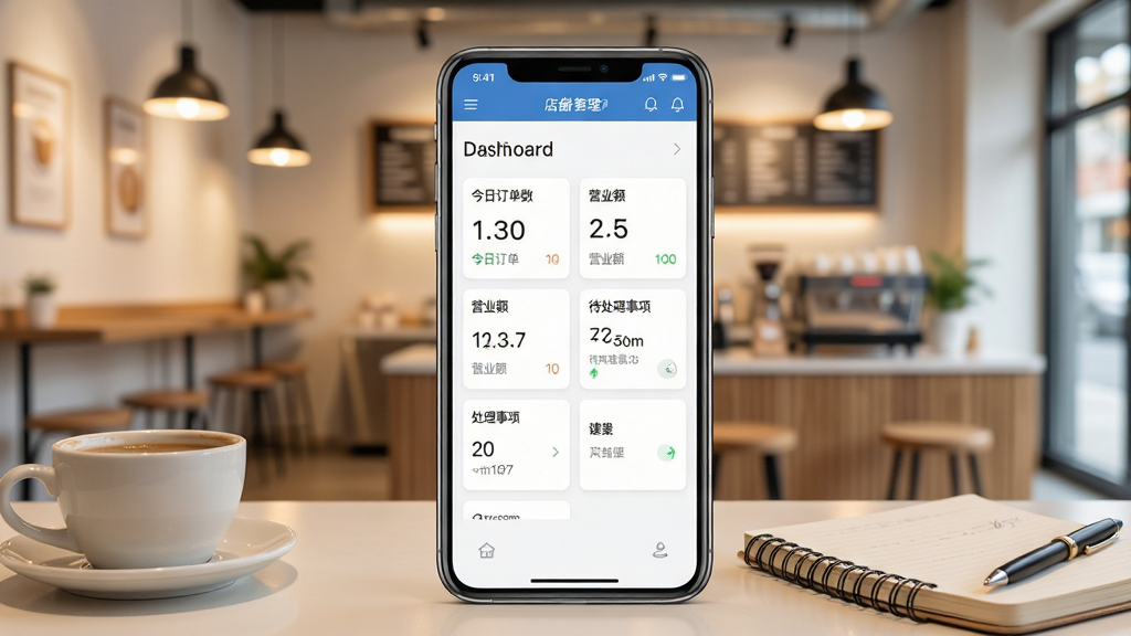 一张展示店铺服务宝APP在智能手机上运行的界面预览图,手机屏幕中清晰显示店铺管理仪表盘,包含今日订单数、营业额、待处理事项等数据卡片,背景是虚化的现代简约风格实体店铺内部环境,暖色调灯光,整体画面明亮清晰,构图以手机为中心,周围有咖啡杯和记事本作为装饰元素,风格专业且具有生活气息,画质高清干净,无多余元素