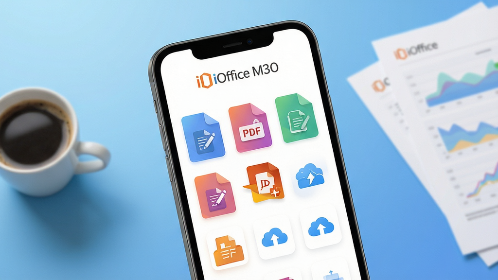 主体:智能手机屏幕展示iOffice M30主界面,界面顶部显示“iOffice M30”品牌标识,中部为多个彩色文档缩略图与功能图标。布局:手机居中,屏幕内容清晰可见,背景为简洁渐变蓝色工作台,桌面摆放咖啡杯与纸质文件。排版:手机略微倾斜,突出屏幕内界面细节,四周留白干净。风格:现代商务扁平化设计,色彩明快通透。细节:功能图标包含文档编辑、PDF转换、云存储图标,画质高清锐利,干净无多余元素。