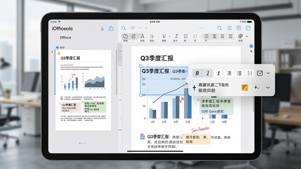 主体:iOffice M30编辑界面特写,屏幕上显示一份带图表和批注的商务报告,文字选中状态弹出格式工具栏。布局:平板电脑横屏摆放,左右分栏,左侧为页面缩略图,右侧为详细编辑区。排版:界面元素整齐,工具栏图标清晰,背景虚化的办公室环境。风格:iOS风格高保真界面,色彩通透自然。细节:文件名称“Q3季度汇报”及批注内容可辨,画质细腻干净,无多余元素。