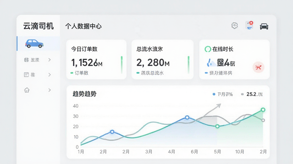 画面主体为“云滴司机”的个人数据中心界面,以卡片式布局展示今日订单数、总流水、在线时长等数据,下方配有折线趋势图。整体风格简洁商务,背景浅灰,图表配色清新,排版整齐,画质干净。