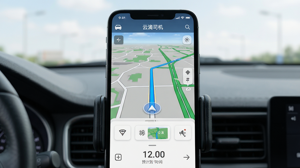 画面主体为“云滴司机”导航界面,屏幕上半部分为3D地图导航视图,显示蓝色规划路线与绿色畅通路段,下半部分为简洁的操作按钮与预计到达时间。整体布局模拟车载手机支架上的竖屏效果,风格写实,细节丰富,画质高清,无多余元素。