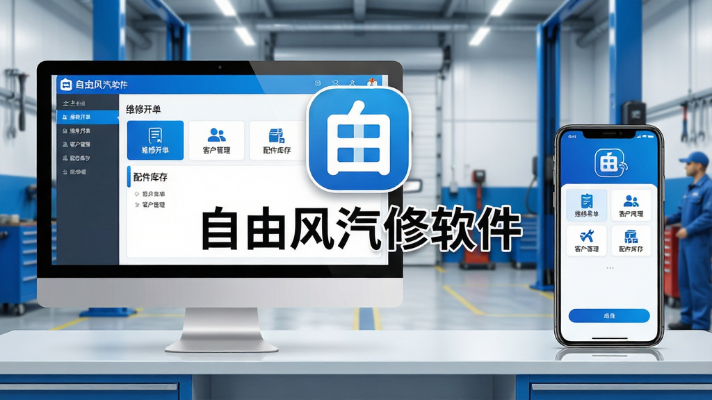 主体:自由风汽修软件在电脑与手机上的界面预览,背景为现代汽修车间,主体突出软件Logo与“自由风汽修软件”文字。布局:左侧电脑屏幕显示软件主界面,右侧手机屏幕显示移动端适配界面,下方为简洁的操作台面。排版:左右对称,视觉中心聚焦软件界面,文字标注清晰。风格:现代科技感,蓝白主色调,搭配汽修工具元素。细节:界面中显示“维修开单”“客户管理”“配件库存”等中文菜单,屏幕反光自然。画质:高清渲染,干净无多余元素。