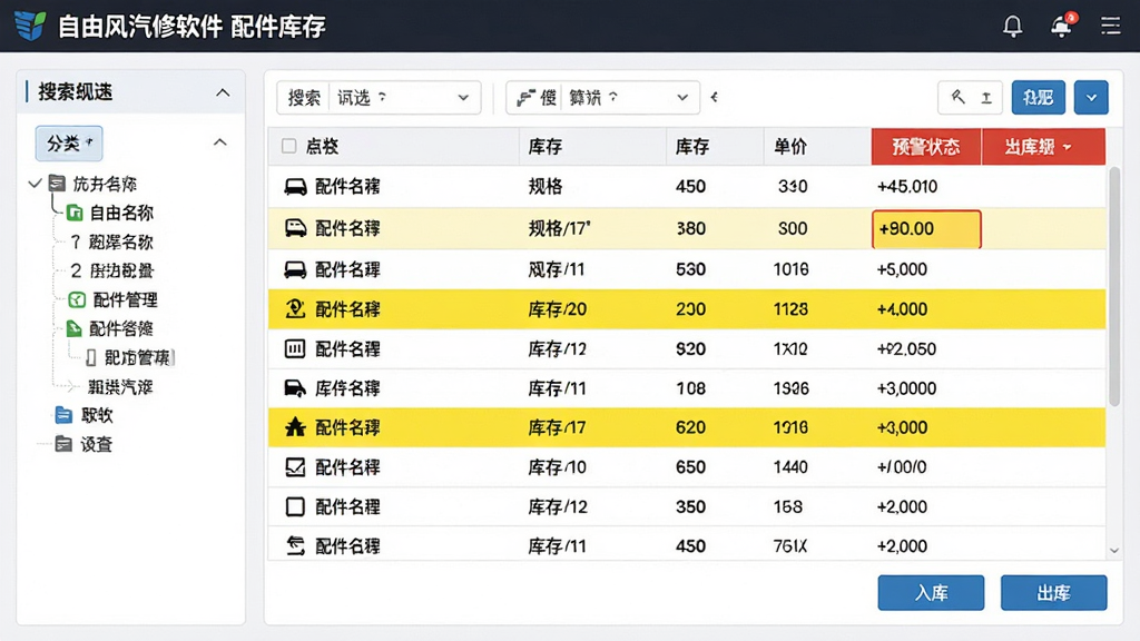 主体:自由风汽修软件的配件库存管理界面,显示配件列表、库存数量、预警状态。布局:页面分为左侧分类树与右侧数据表格,顶部为搜索与筛选工具栏。排版:表格行列清晰,数据对齐,预警行以黄色高亮。风格:数据看板风格,信息密度高,兼顾美观。细节:配件名称、规格、库存数、单价等列齐全,底部有“入库”“出库”按钮。画质:锐利清晰,界面整洁。