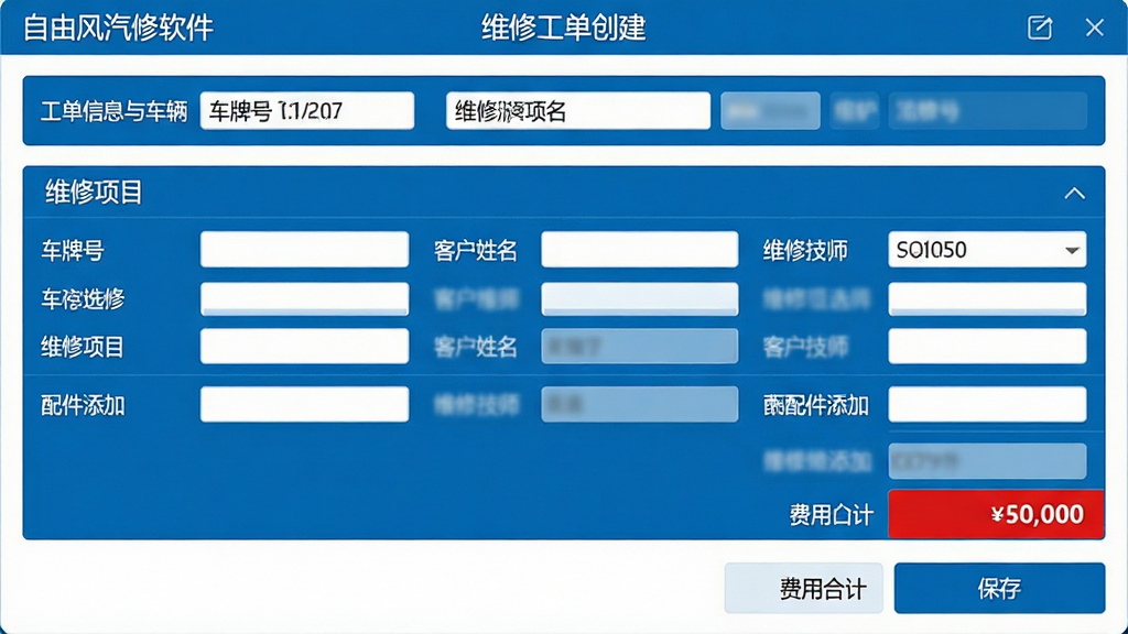 主体:自由风汽修软件的“维修工单创建”界面截图,展示车辆信息录入、维修项目选择、配件添加等模块。布局:界面顶部为工单编号与车辆信息栏,中部为维修项目列表,底部为费用合计与保存按钮。排版:信息分层清晰,表单对齐。风格:扁平化设计,蓝白配色,强调实用性。细节:表单中包含“车牌号”“客户姓名”“维修技师”等字段,费用区域以红色标注总价。画质:高清晰度,干净无多余元素。