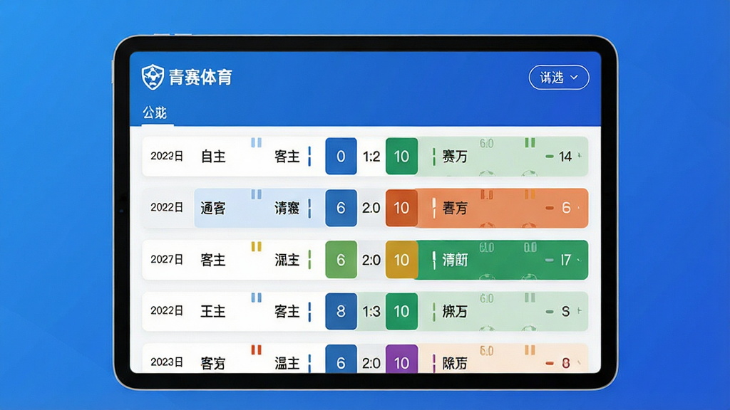 主体:一台平板电脑横屏显示,屏幕上是一个完整的“青赛体育”赛事列表页面,包含多场足球比赛的赛程和比分。布局:平板占据画面主体,背景是简洁的蓝色渐变。排版:列表清晰,每行有日期、主客队、比分,并用不同颜色高亮焦点战。风格:商务简约,强调信息层级。细节:屏幕左上角有“青赛体育”Logo,右侧有筛选按钮。画质:高清渲染,干净,无多余元素。