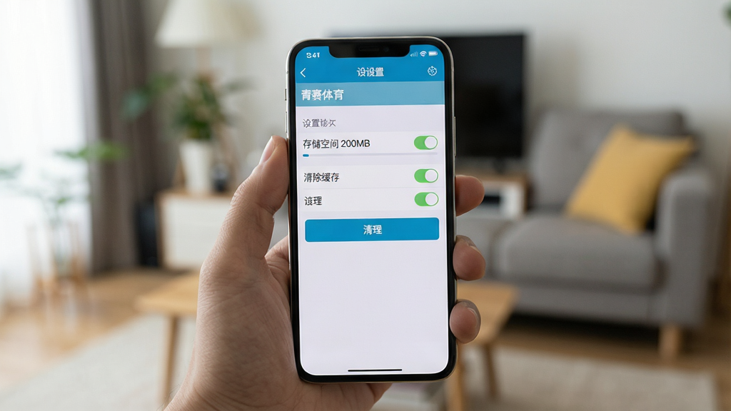 主体:一部智能手机被一只手握着,屏幕显示“青赛体育”的“设置”页面,有“清除缓存”选项。布局:手机位于画面中心,手部自然握持,背景是模糊的客厅。排版:手机屏幕内设置菜单清晰,有开关按钮。风格:生活化,写实。细节:屏幕中显示“存储空间 200MB”,并有一个“清理”按钮。画质:高清,干净,无多余元素。