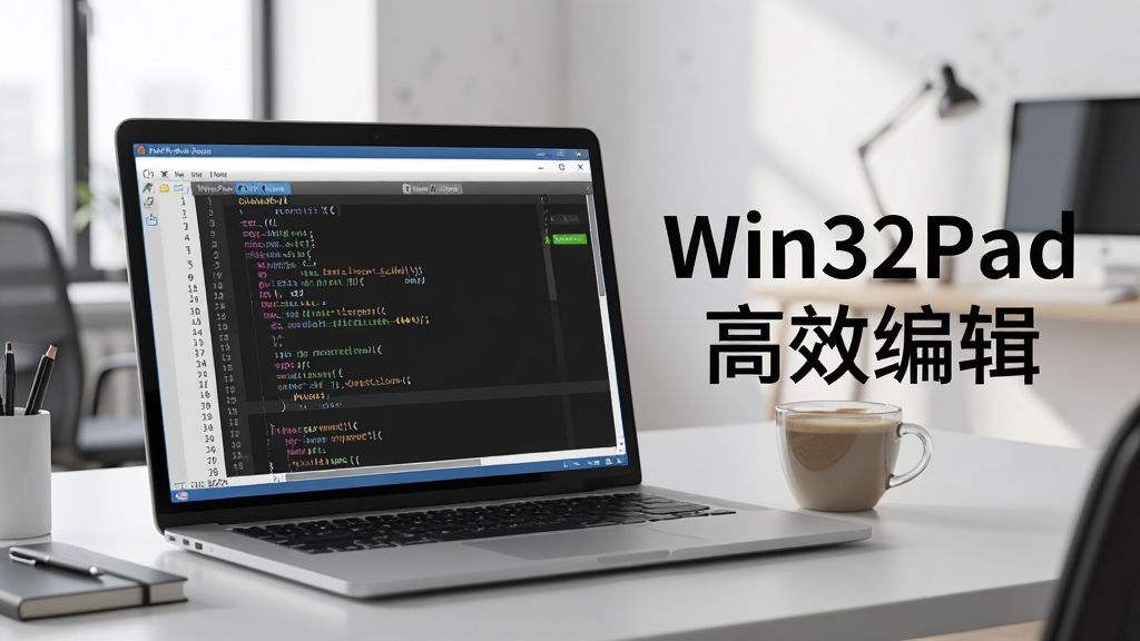 一张展示Win32Pad使用场景的图片,画面中一台笔记本电脑屏幕上显示Win32Pad编辑窗口,窗口内是带有行号和语法高亮的代码,旁边放着一杯咖啡,桌面整洁,背景为现代简约风格的办公室,画质清晰,光影自然,文字标注“Win32Pad 高效编辑”