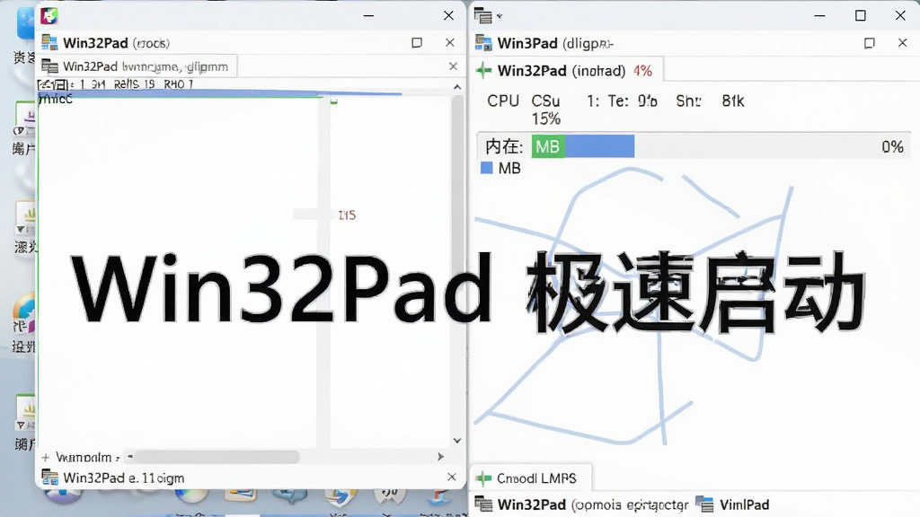 一张Win32Pad在任务管理器中资源占用极低的截图,画面左侧为Win32Pad简洁的编辑窗口,右侧任务管理器显示其CPU占用接近0%,内存占用仅几MB,背景为干净的浅灰色桌面,整体风格写实清晰,画质干净,无多余元素,文字标注“Win32Pad 极速启动”