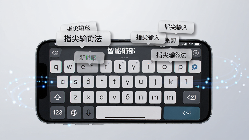 智能手机横屏展示“指尖输入法”的智能联想功能,屏幕键盘上方浮现出多个预测词条,背景为浅灰色渐变,周围散落着代表速度与准确性的光点轨迹,构图以键盘为中心,突出预测词条的精准与丰富,风格科技感十足,细节包括词条边缘的柔和阴影,画质清晰,无多余元素。