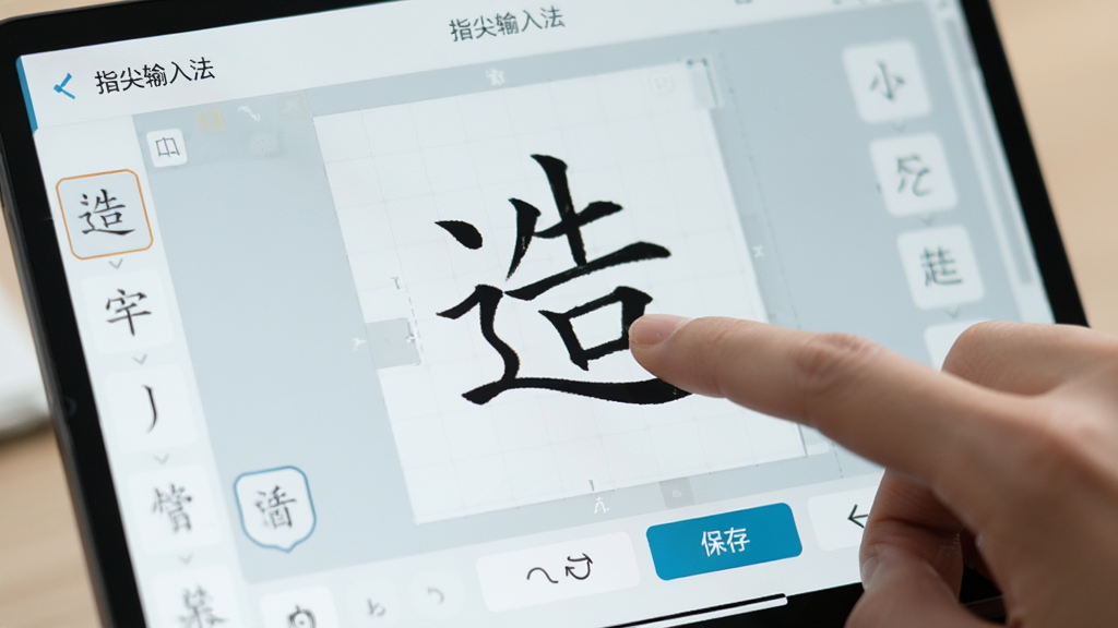 特写“指尖输入法”造字界面,屏幕显示一个编辑画布,用户手指正在画布上描绘复杂笔画,画布下方有笔画撤销和保存按钮,周围环绕着部件选择栏,背景淡雅,突出造字过程的精细与自由,布局简洁,风格实用清晰,画质干净,无多余元素。