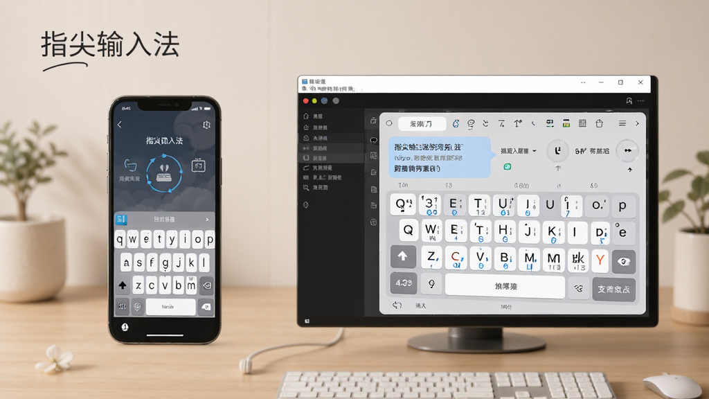 手机与电脑并排展示“指尖输入法”使用场景,左侧手机屏幕显示键盘设置界面,右侧电脑模拟器窗口显示输入法正在运行,背景为简洁的工作台,色调柔和,布局清晰,突出跨设备同步与便捷操作,风格实用,画质干净,无多余元素。