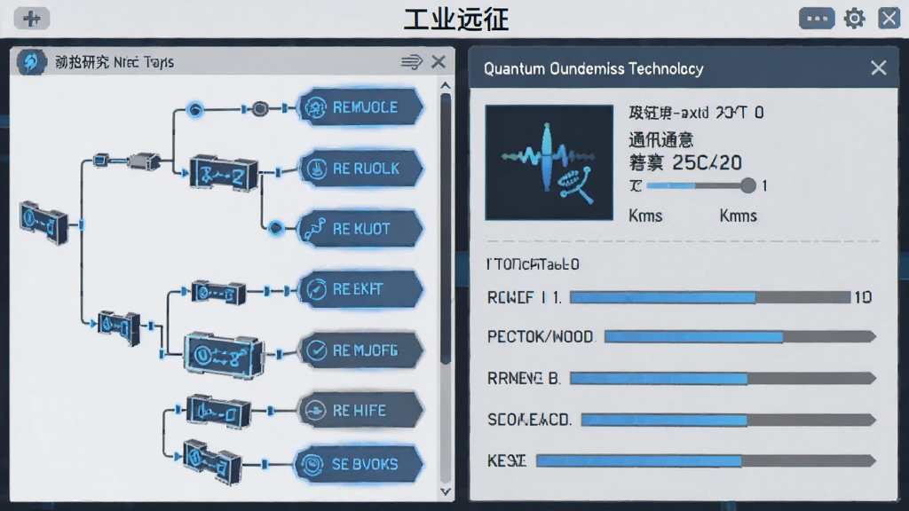 《工业远征》游戏界面截图,主体为科技研究界面,左侧是科技树分支列表,右侧展示量子通讯技术的详细参数,布局规整,风格为扁平化UI设计,细节包括蓝色光效按钮和进度条,画质清晰,画面干净无杂乱弹窗