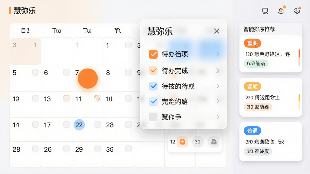 主体:一个整洁的电子日历界面,日历上方悬浮着一个半透明的“慧弥乐”品牌浮窗,浮窗内展示着勾选完成的待办事项列表。布局:日历占据画布左侧约三分之二,右侧为竖向的智能排序推荐卡片,卡片上标有“重要”、“普通”等标签。排版:信息层级分明,日历格间距均匀,当前日期以高亮橙色圆形标记,列表字体清晰易读。风格:拟物与扁平结合,主色调为白色与淡橙色,点缀蓝色高亮,整体干净利落。细节:浮窗边缘带有毛玻璃效果,卡片阴影柔和,界面上方有“慧弥乐”三个小字。画质:高清渲染,画面纯净,无多余元素。