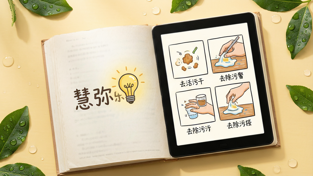 主体:一本翻开的电子书页,左侧页面上有“慧弥乐”字样和灯泡图标,右侧页面展示一个生活技巧步骤图(如去除污渍的对比图)。布局:书页居中摆放,背景为淡黄色的暖色调,桌面上散落着几片绿叶。排版:步骤图以四格漫画形式排列,每格下方有简短文字说明,字体为手写风格。风格:手绘插画与实拍结合,色彩温馨,画面具有生活气息。细节:书页纸张纹理清晰,灯泡图标发出柔和的黄色光芒,绿叶上有水珠。画质:高清质感,画面干净,无多余元素。