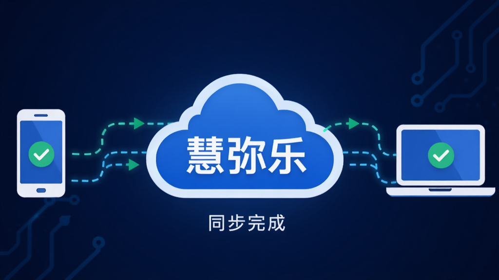 主体:一个云朵形状的图标,云朵内部有“慧弥乐”字样,左右两侧连接着手机和笔记本电脑的简化图形,二者之间有发光的线条表示数据流动。布局:云朵居中,两侧设备对称排列,背景为深蓝色科技感渐变。排版:图像结构平衡,线条流畅,云朵下方有“同步完成”四个小字。风格:科技扁平风,使用蓝白配色,点缀绿色表示数据安全。细节:数据线为虚线,带有箭头指示方向,设备屏幕上有对勾图标。画质:高清,画面干净,无多余元素。