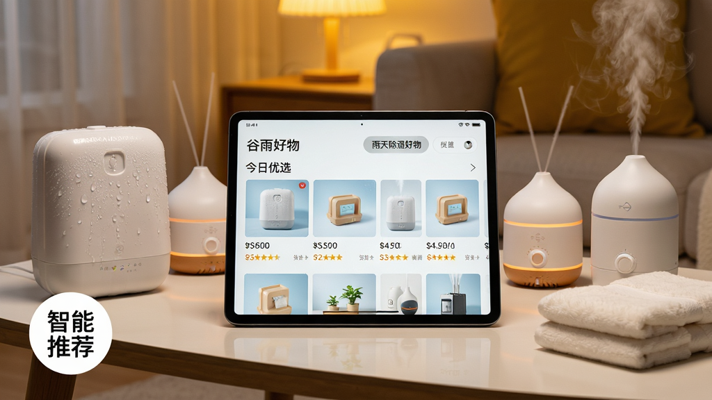 主体:一个温馨的客厅场景,茶几上摆放着一台平板电脑,屏幕中显示“谷雨好物”APP的“今日优选”板块,上方有“雨天除湿好物”字样;布局:平板电脑位于画面中央,周围环绕着除湿盒、香薰机、吸水毛巾等商品实物,呈半圆形排列;排版:平板屏幕中可见商品列表,每个商品下方有价格与评分,画面左下角有一个“智能推荐”的圆形图标;风格:写实摄影风格,暖黄色室内灯光,营造出舒适、安心的氛围;细节:除湿盒上有水珠凝结的痕迹,香薰机飘出淡淡白雾,增强场景代入感;画质:4K高清,细节清晰,干净无多余元素