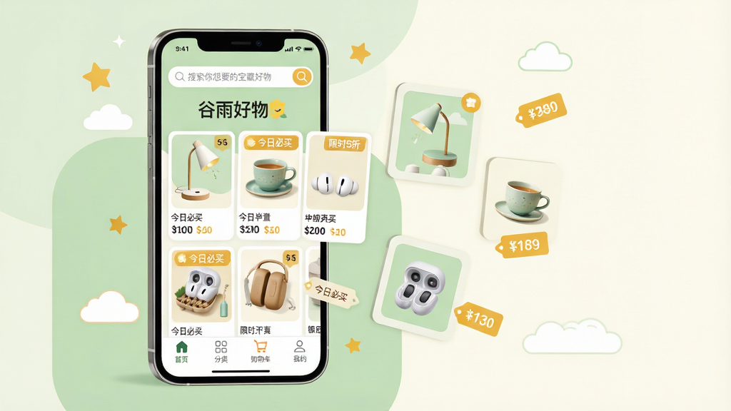 主体:一部亮屏的智能手机,屏幕中央显示“谷雨好物”APP主界面,界面中展示多款精美商品卡片,如北欧风台灯、陶瓷茶杯、蓝牙耳机等;布局:手机位于画面正中偏左,右侧留白处悬浮着几个商品小图标和价格标签,形成一种商品从屏幕中“飞出”的立体感;排版:手机界面清晰可见底部导航栏(首页、分类、购物车、我的),顶部搜索框有“搜索你想要的宝藏好物”字样;风格:现代简约扁平化插画风,色彩明快清新,以淡绿色和米白色为主色调,搭配暖黄色点缀;细节:商品卡片上标注“今日必买”、“限时5折”等小标签,屏幕外有星星、云朵等装饰元素;画质:高清渲染,干净无多余元素,无文字水印