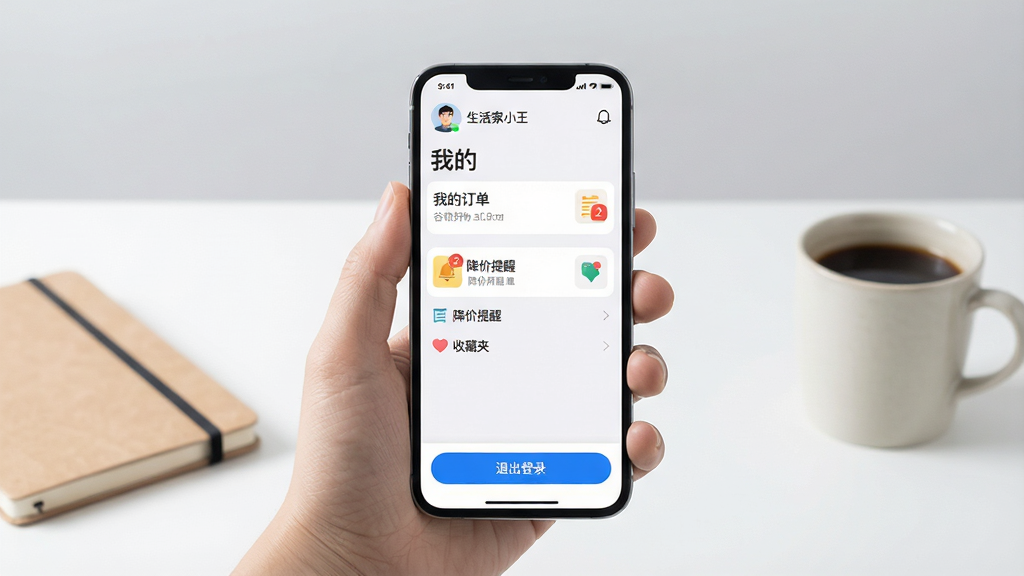 主体:一部智能手机被一只手握着,屏幕显示“谷雨好物”APP的“我的”页面,页面包含“我的订单”“降价提醒”“收藏夹”等选项;布局:手机在画面中央,背景为简洁的浅灰色工作室,桌面有笔记本和咖啡杯;排版:屏幕下方有一个蓝色“退出登录”按钮,顶部显示用户头像与昵称“生活家小王”;风格:明亮通透的写实摄影,自然光,色调柔和;细节:屏幕中“降价提醒”图标上有一个红色数字角标“2”,暗示有两条降价通知;画质:高清,干净无多余元素,无文字水印
