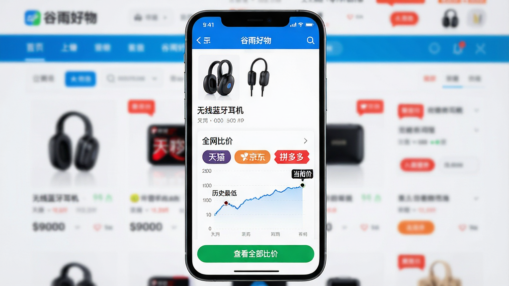 主体:一个手机屏幕特写,显示“谷雨好物”APP中的商品详情页,页面中展示一条价格走势折线图;布局:手机屏幕居中,背景为模糊的购物网站页面,暗示正在比价;排版:屏幕上方是商品主图与标题“无线蓝牙耳机”,中部是“全网比价”模块,显示天猫、京东、拼多多三个平台的价格标签,底部是绿色的“查看全部比价”按钮;风格:简洁的UI界面设计,白色背景,蓝色与绿色作为强调色,数据图表清晰易读;细节:价格走势图上有两个数据点标注“历史最低”与“当前价”,优惠券区域用红色高亮显示;画质:高清,界面无多余元素,文字清晰可读