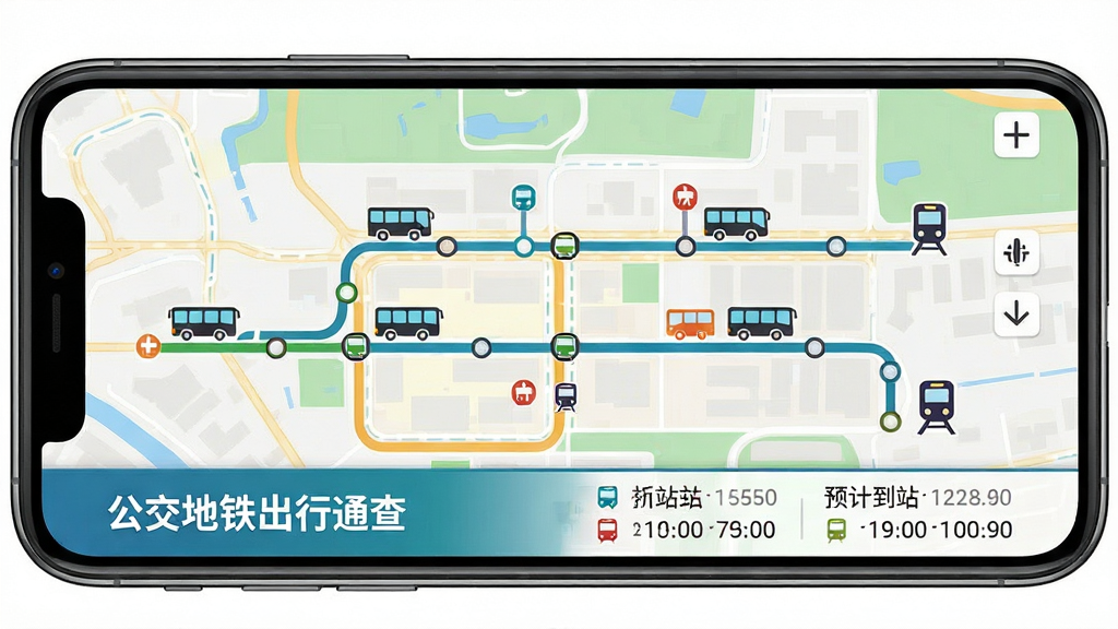 画面主体为手机横屏显示公交地铁实时位置地图,若干公交车与地铁图标沿着线路移动,底部有“公交地铁出行通查”字样及预计到站时间列表。布局为地图全屏铺满,图标清晰。排版整洁,信息条理分明。风格扁平化,色彩鲜明,细节精确,画质干净无多余元素。