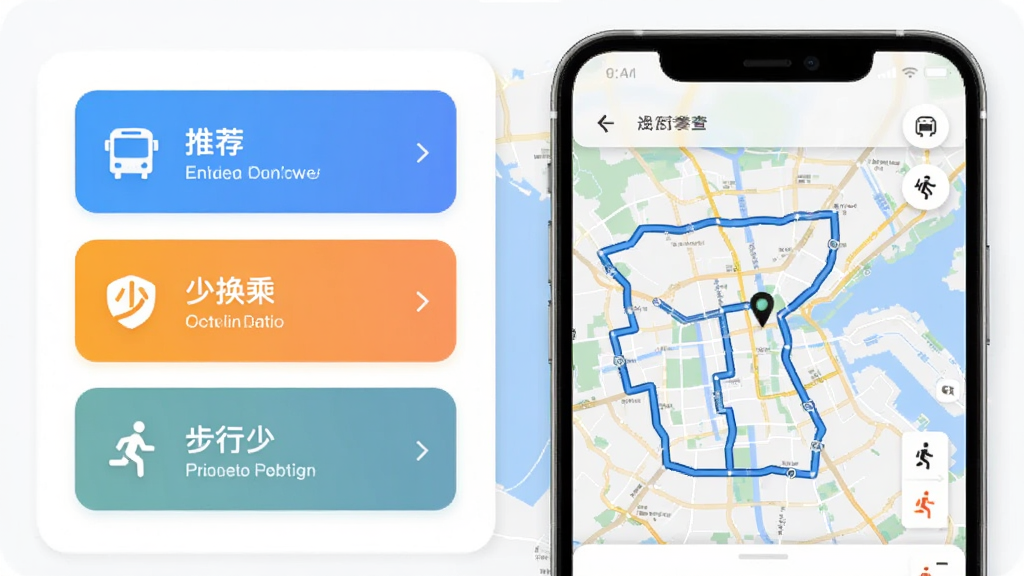 主体为手机竖屏展示公交地铁出行通查的路线规划结果页,左侧列表展示三种不同标签的方案(推荐、少换乘、步行少),右侧为对应地图路线。布局清晰,对比明显。排版采用卡片式设计,风格简约现代,细节到位,画质干净无多余元素。
