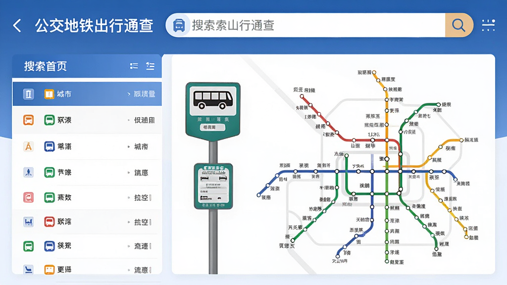 主体为城市地铁线路图与公交站牌结合的界面设计,线路色彩丰富,站点清晰标注。背景为“公交地铁出行通查”软件首页,顶部搜索框突出。布局采用分栏式,左侧为线路列表,右侧为示意图。排版规整,风格商务简洁,细节精致,画质干净无多余元素。