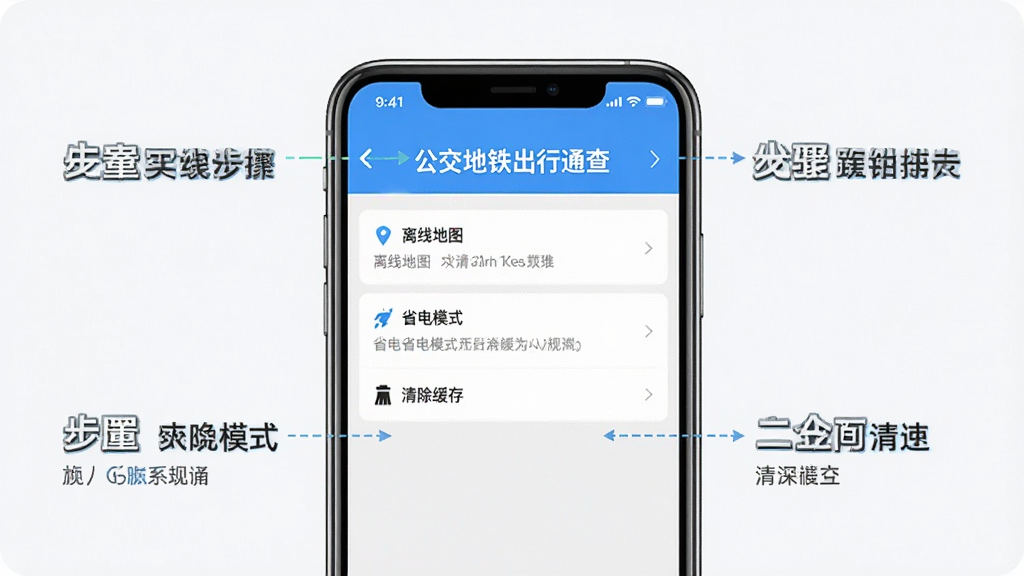 主体为手机截图教程示意图,屏幕中显示“公交地铁出行通查”的设置页面,有“离线地图”、“省电模式”、“清除缓存”等选项。布局为手机居中,四周配以步骤文字说明。排版清晰明了,风格简洁,细节真实,画质干净无多余元素。