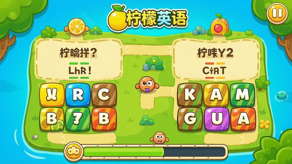 柠檬英语趣味闯关游戏画面,卡通风格地图关卡,显示单词拼写题目与彩色字母方块,底部有积分进度条,整体色彩活泼明亮,包含“柠檬英语”Logo,游戏UI设计生动,高清画质,无多余元素