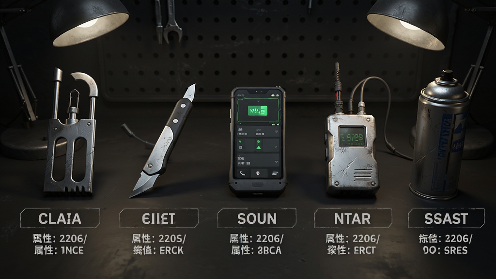 主体:小偷公司游戏工具展示界面,各种盗窃工具摆放整齐。布局:从左到右依次是开锁器、玻璃刀、骇客手机、干扰器、喷漆罐。排版:每个工具下方有名称和属性说明,背景为深色工作台。风格:物品展示风格,金属质感,科技感。细节:工具上的划痕和磨损,台灯照明,阴影自然。画质:高精度渲染,干净无文字遮挡。