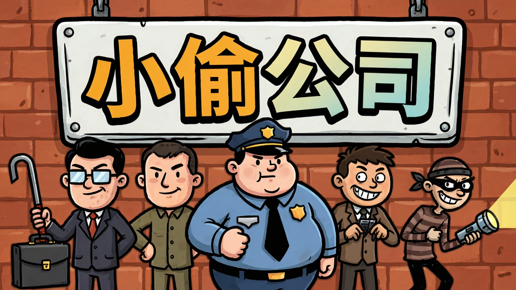 主体:小偷公司游戏宣传图,卡通风格的“小偷公司”招牌,下面站着一排表情各异的角色。布局:招牌占据画面上方,下方是角色队列,有戴眼镜的经理,胖保安,瘦小偷。排版:文字“小偷公司”用艺术字,背景为砖墙。风格:漫画风格,线条粗犷,色彩明快。细节:每个人物手里都拿着不同的道具,如公文包、撬棍、手电筒。画质:高清插画,干净无多余元素。