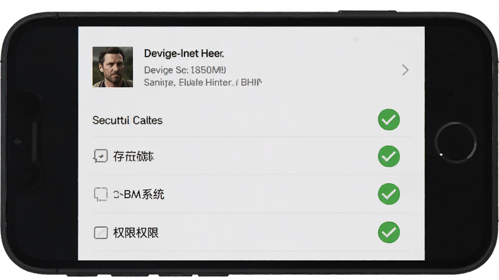 主体:智能手机屏幕显示荒野猎人安装器的环境检测界面,列出各项检测结果。布局:上方为设备信息,下方为检测项打勾列表。排版:列表式,绿色对勾。风格:简洁扁平化。细节:检测项包括存储、系统、权限,全部通过。画质:清晰,干净,无多余元素。