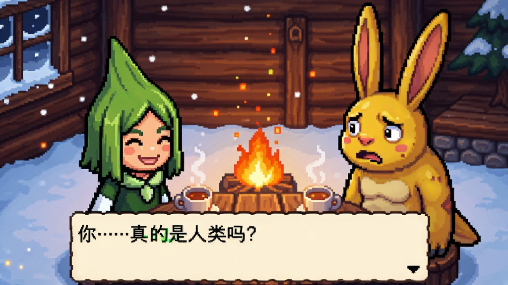 主体:游戏内对话场景截图风格,Clover与一位新怪物伙伴在篝火旁交谈。布局:左右构图,左侧为像素角色Clover,右侧为长耳朵的黄色怪物,背景是雪镇木屋内部,暖色调火光映照。排版:画面下方显示对话文字框,文字内容为“你……真的是人类吗?”框中文字清晰可见。风格:像素游戏画面,暖色与冷色对比明显。细节:角色表情差分丰富,Clover面露微笑,怪物带着疑惑神情,周围有飘动的火星粒子,木桌上有两杯热茶。画质:细腻像素渲染,色彩过渡自然,干净无多余UI元素。