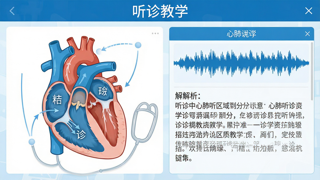 听诊教学软件主界面展示图,左侧为心肺听诊区域划分示意,右侧为音频波形与文字解析面板,整体采用蓝白医疗风格,界面简洁清晰,标注“听诊教学”字样,高清渲染,干净无多余元素