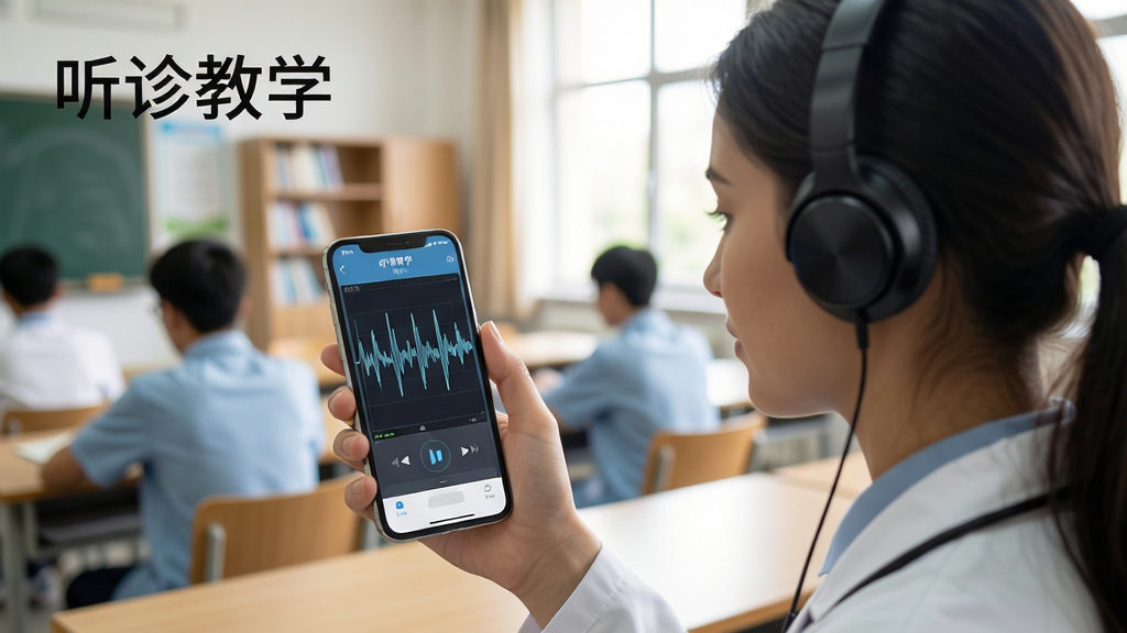 听诊教学软件移动端使用场景图,一名医学生佩戴耳机手持手机,屏幕显示波形播放界面,背景为教室或图书馆,画面自然光线,构图清晰,突出软件界面,标注“听诊教学”,高清画质,干净无杂物