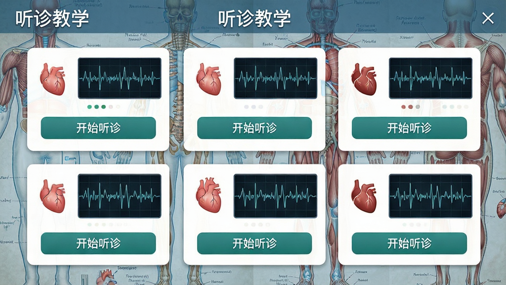 听诊教学软件真实病例库界面,展示多个病例卡片,每个卡片包含心脏图标、呼吸波形与“开始听诊”按钮,背景为医学图谱风格,界面采用卡片式布局,标注“听诊教学”软件名称,画质清晰,干净整洁