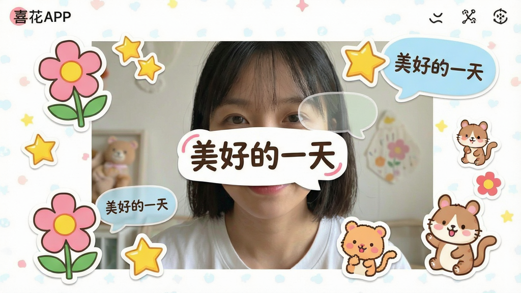 主体:喜花APP的贴纸编辑界面,照片上叠加了多个趣味贴纸和文字气泡。布局:照片主体居中,贴纸分布在四角与中心。排版:贴纸大小错落有致,文字清晰可读。风格:活泼可爱,色彩明快。细节:贴纸包含花朵、星星、卡通动物等元素,文字内容为“美好的一天”。画质:高清渲染,干净无多余元素。