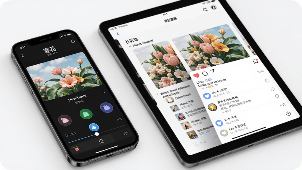 主体:喜花APP在手机和平板上的使用场景,屏幕显示编辑界面和社区动态。布局:手机与平板并排,屏幕内容清晰可见。排版:设备摆放错落有致,背景干净。风格:科技感与生活感融合。细节:屏幕中展示滤镜调整和点赞评论界面。画质:高清,干净无多余元素。