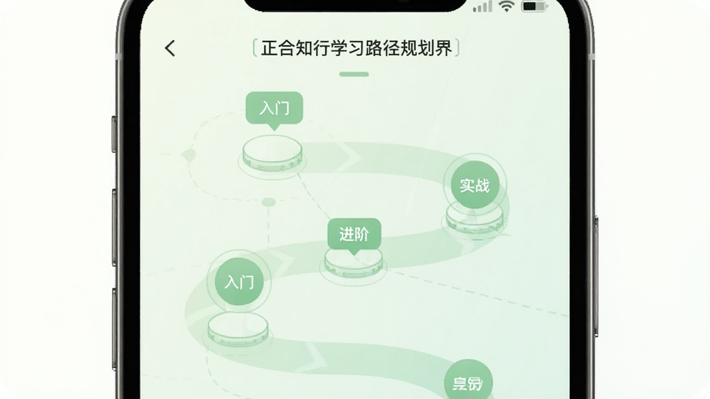 正合知行学习路径规划界面,手机竖屏展示一条蜿蜒的路径,路径上依次排列课程节点,节点上标有“入门”、“进阶”、“实战”等标签,背景柔和,UI线框清晰,色彩以淡绿色为主,画面整洁,突出规划感,画质高清。