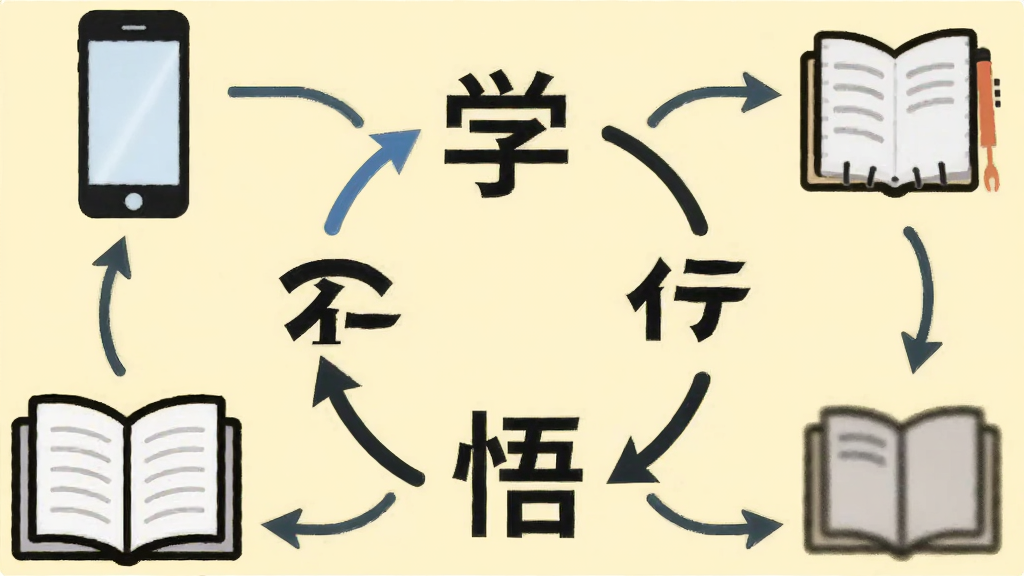 正合知行学习闭环流程图,画面中央为“学思行悟”四个大字循环排列,周围分布着手机、笔记本、书本等图标,用箭头串联,背景为浅黄色,线条流畅,风格简洁明快,突出过程感,画质干净清晰,无多余文字。
