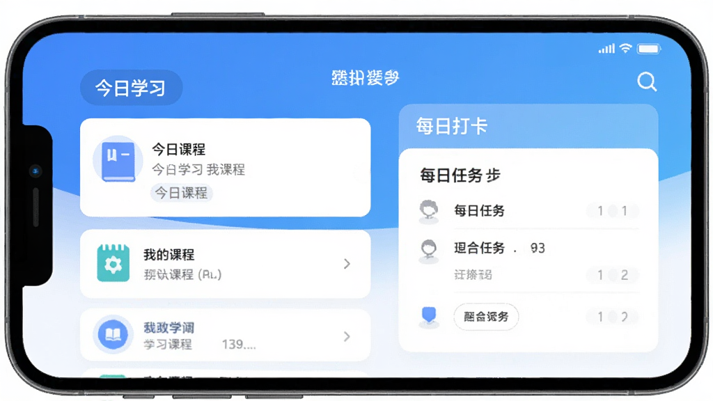 正合知行APP主界面,手机屏幕显示学习课程列表与每日任务打卡模块,背景为简约的蓝白渐变色调,界面布局清晰,包含“今日学习”、“我的课程”等卡片,图标扁平化设计,整体风格现代、干净、无多余元素,画质高清。