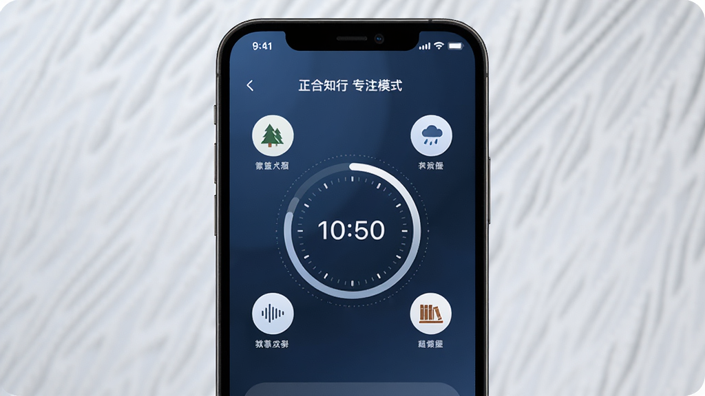 正合知行专注模式界面,手机屏幕显示一个倒计时圆环,周围有森林、雨声、图书馆等白噪音图标,背景为深蓝色渐变色,视觉上宁静专注,UI简洁现代,画质细腻,无多余元素。
