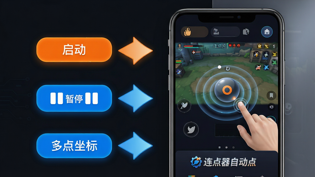 主体:一款名为“连点器自动点”的安卓手机应用的功能预览界面,手机屏幕内显示悬浮控制球与圆形点击轨迹。布局:手机位于画面中央偏右,左侧留白处有放大的功能标注箭头,指向“启动”、“暂停”和“多点坐标”按钮。排版:界面采用深色背景,按钮使用高亮橙色与蓝色,整体信息层级分明。风格:现代扁平化结合科技感光效,质感类似专业工具软件的官方宣传图。细节:屏幕中模拟出游戏画面,有手指点击产生的波纹特效,同时底部有“连点器自动点”字样Logo。画质:超高清,渲染精细,干净无多余元素。
