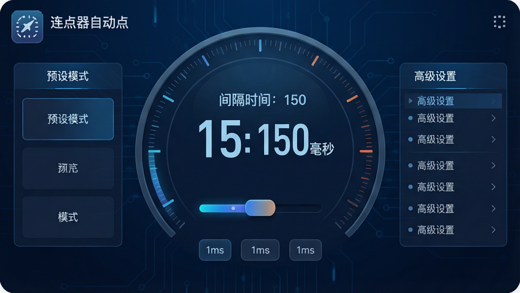 主体:一个精密的参数调节仪表盘界面,显示“间隔时间:150毫秒”的数值。布局:仪表盘占据画面中央,左右两侧分布着“预设模式”卡片和“高级设置”列表。排版:以深蓝色科技背景为主,数值显示采用大号数字字体,调节滑杆带有渐变色。风格:富有科技感的HUD界面设计风格。细节:仪表盘周围有细微的刻度纹理,滑杆下方有“1ms”步进调节按钮,界面左上角有“连点器自动点”的应用图标。画质:视觉干净,质感高级,无多余元素。