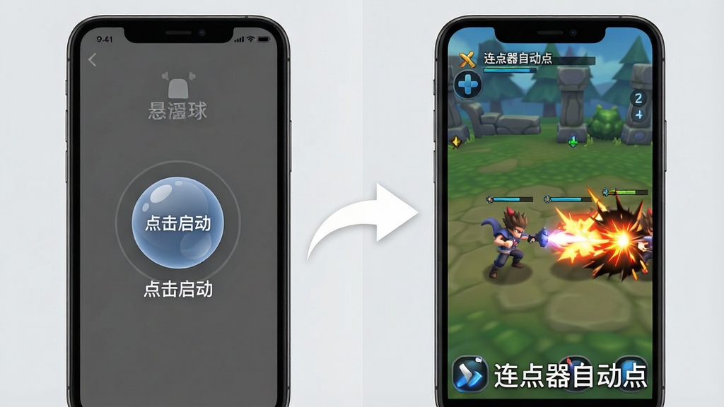 主体:一张手机截图对比图,左侧是连点器自动点的悬浮球设置界面,右侧是游戏运行画面。布局:左右分屏展示,中间用白色流线型箭头连接,表示操作关联。排版:背景为浅灰色,上下方留有适度留白,整体构图平衡。风格:教程向的图解说明风格,图标清晰。细节:悬浮球上显示“点击启动”字样,游戏画面中角色正在连续攻击,底部有“连点器自动点”水印。画质:高清,无多余杂乱元素。