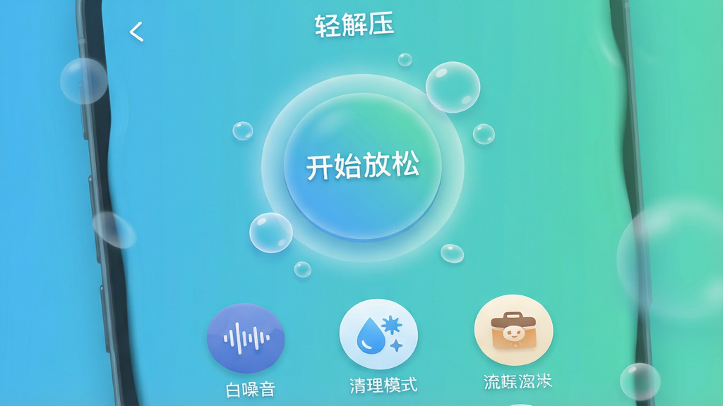 主体:轻解压APP主界面,展示清爽的蓝绿色渐变背景,中央有一个圆形“开始放松”按钮,周围环绕着柔和的光晕和漂浮的细小气泡。布局:居中构图,按钮位于视觉中心,下方排列着“白噪音”、“清理模式”等图标。排版:简洁现代,无多余文字。风格:扁平化设计,搭配轻度拟物质感。细节:屏幕上有“轻解压”字样,画质高清,干净,无多余元素。