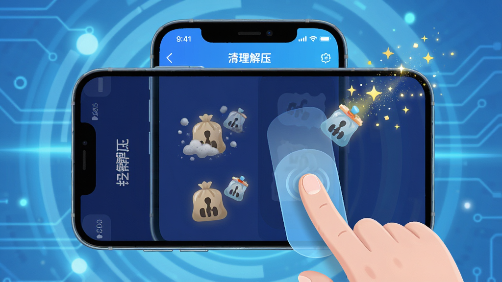 主体:手机屏幕展示轻解压APP的“清理模式”界面,界面上有灰尘和垃圾图标,手指向右滑动进行清理。布局:手机占据画面中央,背景为淡蓝色科技感光效。排版:动态感强,有粒子效果。风格:科技感插画风。细节:垃圾图标被扫除后变成星光,屏幕上有“轻解压”字样,画质高清,无多余元素。