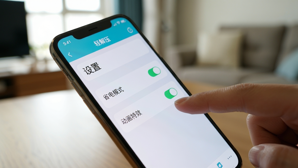 主体:一部手机放在桌面上,屏幕显示轻解压APP的“设置”页面,有“省电模式”和“动画特效”开关。布局:手机倾斜45度,背景是模糊的室内环境。排版:清晰展现设置项。风格:生活实拍风格。细节:手指正点击“省电模式”开关,屏幕上有“轻解压”字样,画质干净,无多余元素。