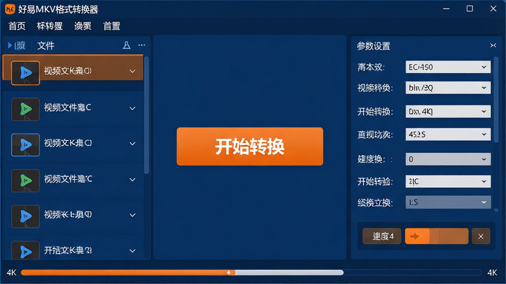 主体:软件主界面展示,左侧为视频文件列表,右侧为详细的参数设置面板,中间是醒目的“开始转换”按钮。布局:界面采用上下结构,顶部为软件名称“好易MKV格式转换器”和菜单栏,中部为操作区域,底部为进度条。排版:整体风格简洁科技感,以深蓝色为主色调,按钮高亮橙色,文字清晰白色。风格:现代扁平化设计,图标线条流畅。细节:界面干净无多余元素,画质高清,展示出软件的专业性与易用性。画质:4K超清,干净无多余元素。
