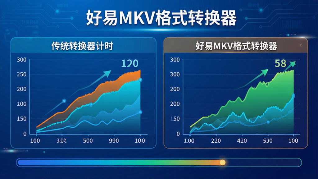 主体:转换速度对比图表,左侧为传统转换器计时,右侧为好易MKV格式转换器计时,速度明显更快。布局:左右对比布局,背景为科技感蓝色渐变。排版:图表上方标注“好易MKV格式转换器”字样,下方有进度条动画。风格:数据可视化风格,动态感强。细节:图表清晰展示时间差异,色彩明快。画质:高清渲染,干净专业。
